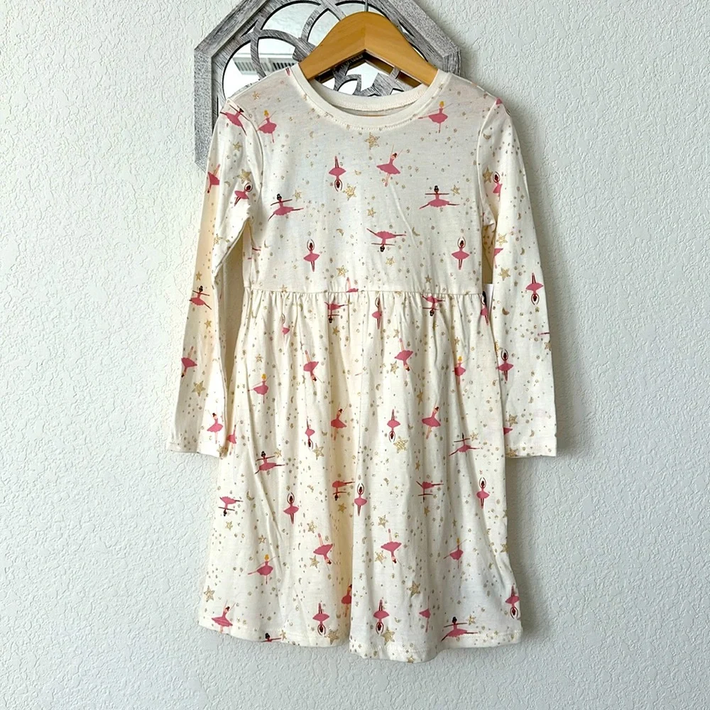 Old Navy • Girls NWT Cream Pink Ballerina Gold Star Long Sleeve Dress